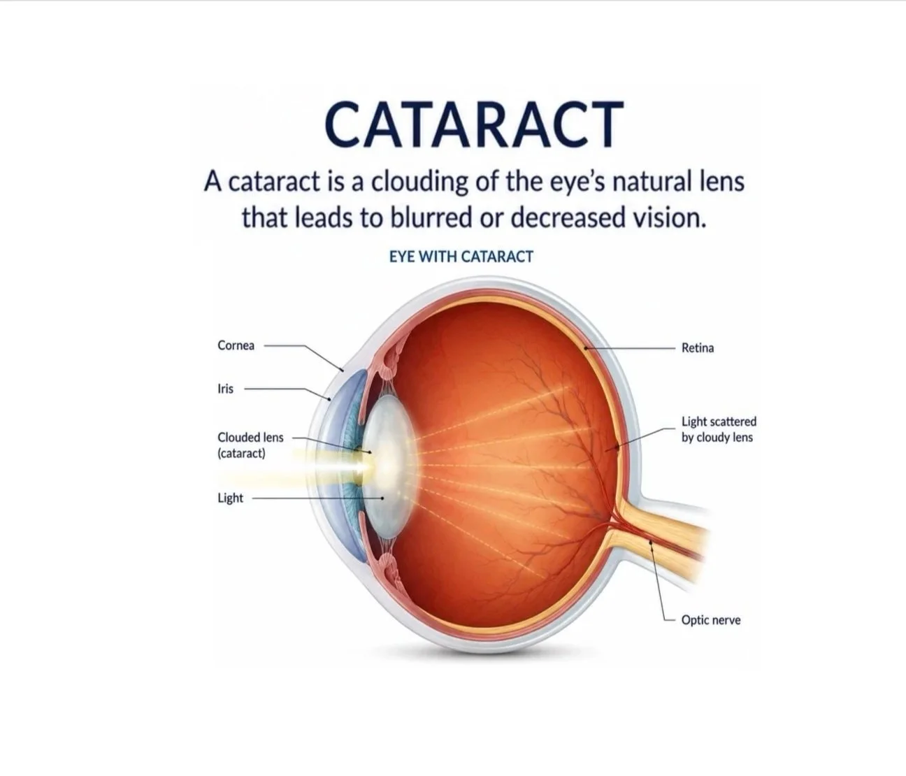 Diagram of a human eye with labels indicating the cornea, iris, cloudy lens (cataract), light path, retina, optic nerve, and light scattering caused by cataracts.