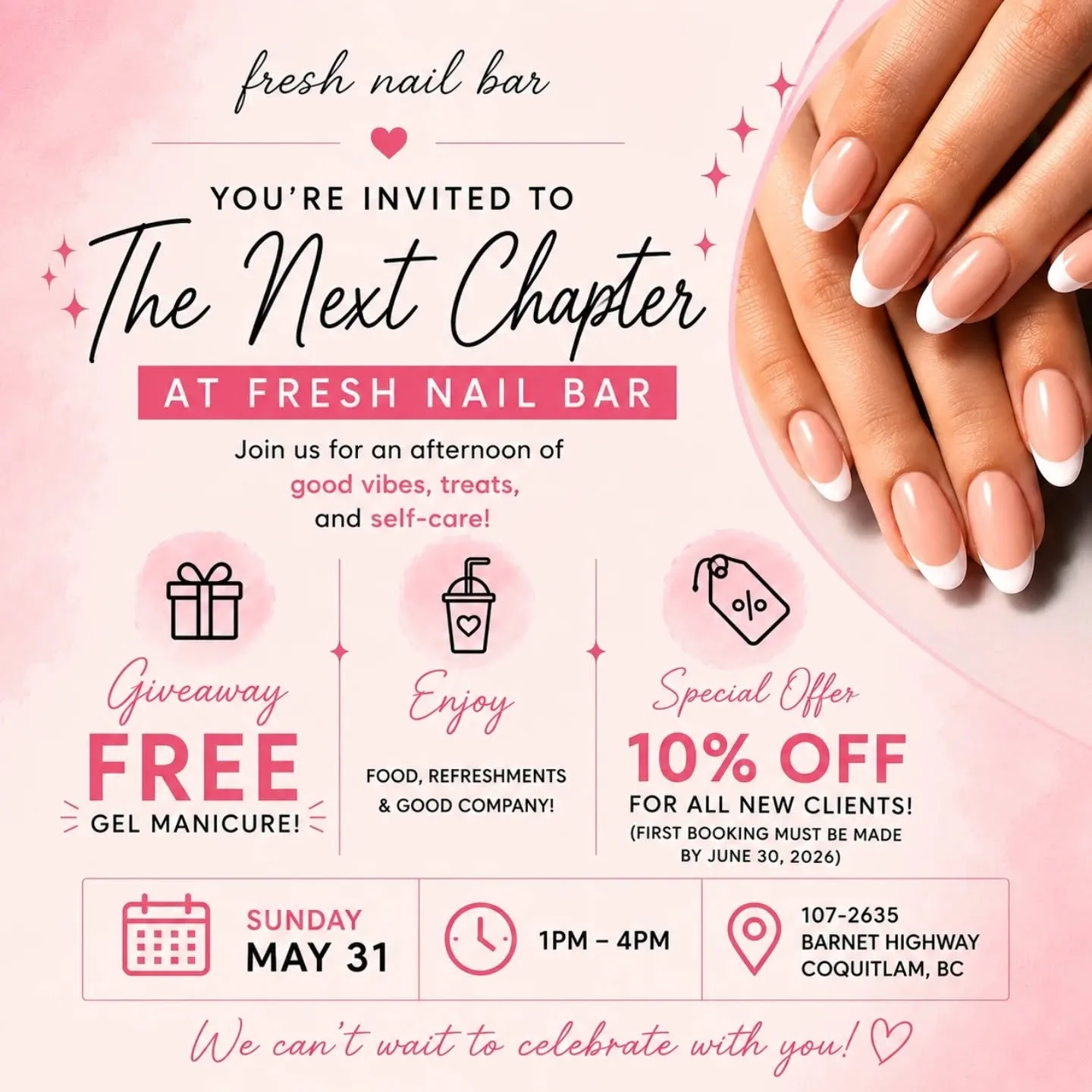 ✨ YOU&rsquo;RE INVITED ✨

Join us for The Next Chapter at Fresh Nail Bar 💅🤍

Come celebrate with an afternoon of:
🎁 Giveaway - Enter to win a FREE gel manicure
🥂 Refreshments &amp; treats
💖 10% OFF for all new clients
✨ Good vibes &amp; self-car