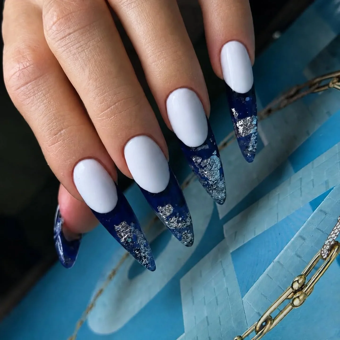 Russian nail design with sapphire-effect tips and silver foil details 💙✨ Clean, detailed, and made to shine from every angle. Available for both acrylic and Gel X! 

Book this gorgeous set with our amazing nail technician, Afsoon! 💅

#freshnailbarc