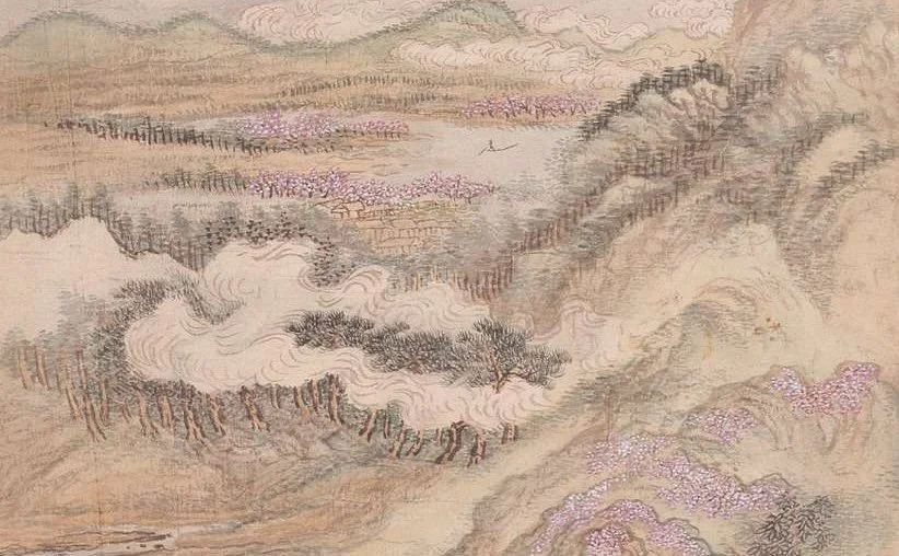 Ink painting of mountains, mist and cherry blossoms