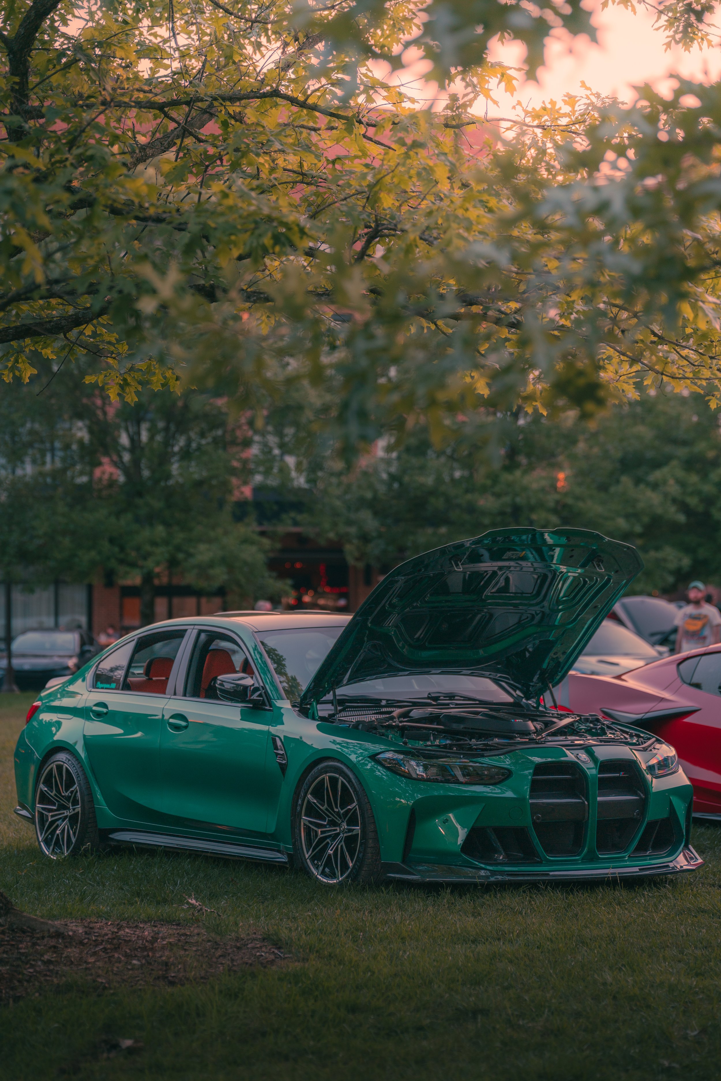 A green sports car with its hood open parked on a grassy area during sunset, with trees and other cars in the background.
