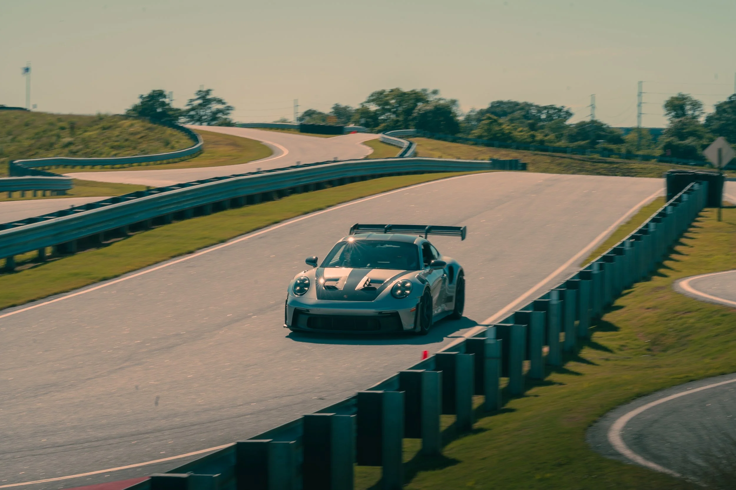 A sports car driving on a curvy road with guardrails, surrounded by green grass and trees, under a clear sky.