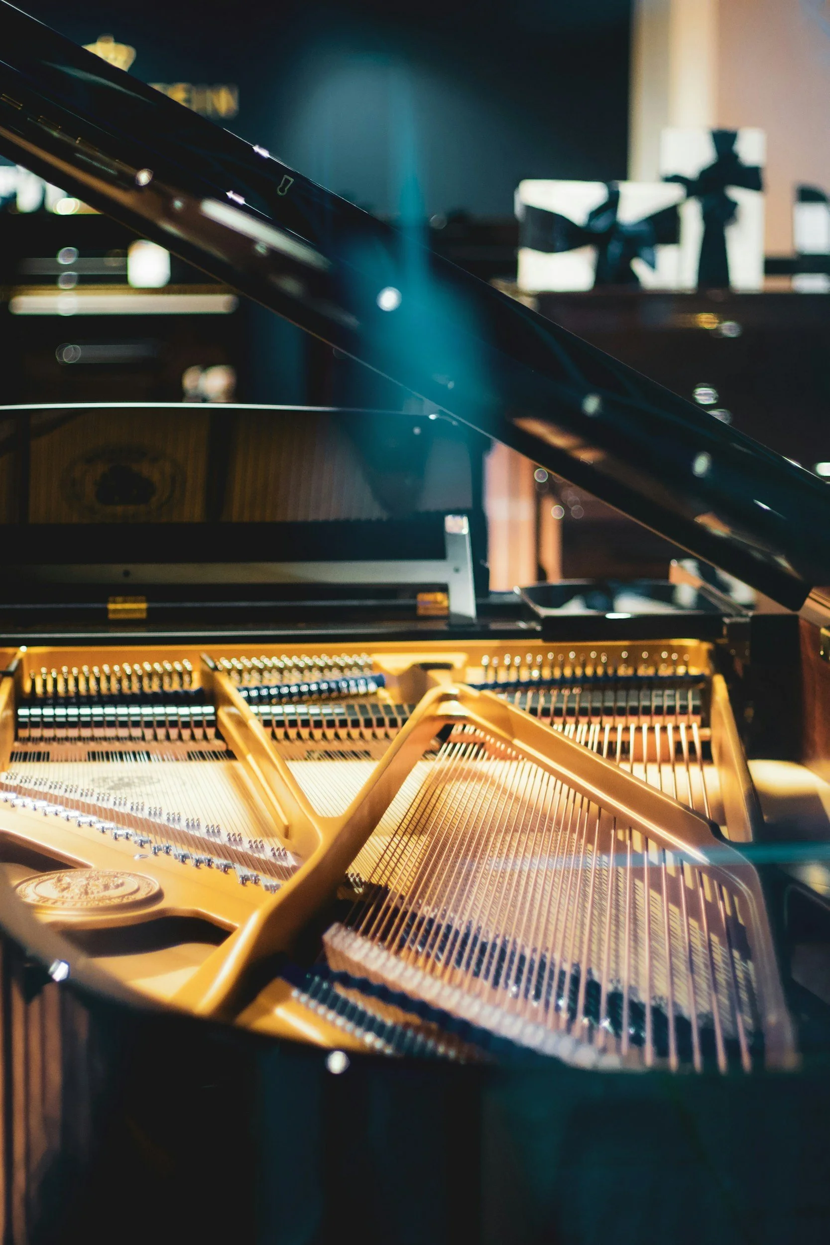 Close-up of the interior of a grand piano, promoting piano tuning, minor repair and regulation in Bakersfield, CA and Kern County.