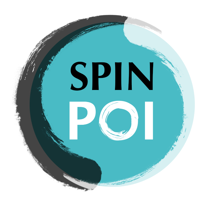 A teal and white circular design with the words "Spin Poi" in bold capital letters, with a stylized circle forming the 'O' in "Poi".