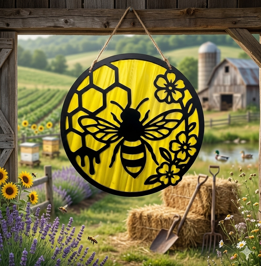 Custom-fabricated metal bee and honeycomb hanging sign for garden or farm decor.