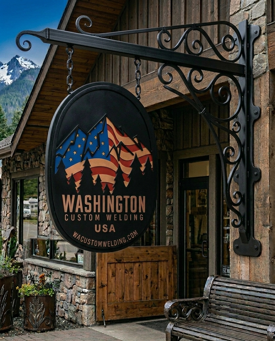 Custom metal business signage for Washington Custom Welding, featuring precision CNC-cut mountain and American flag design hanging outside a storefront.