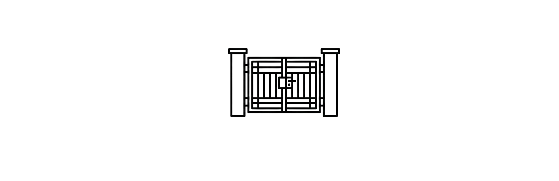 A black line drawing of a wrought iron gate with two columns on either side.