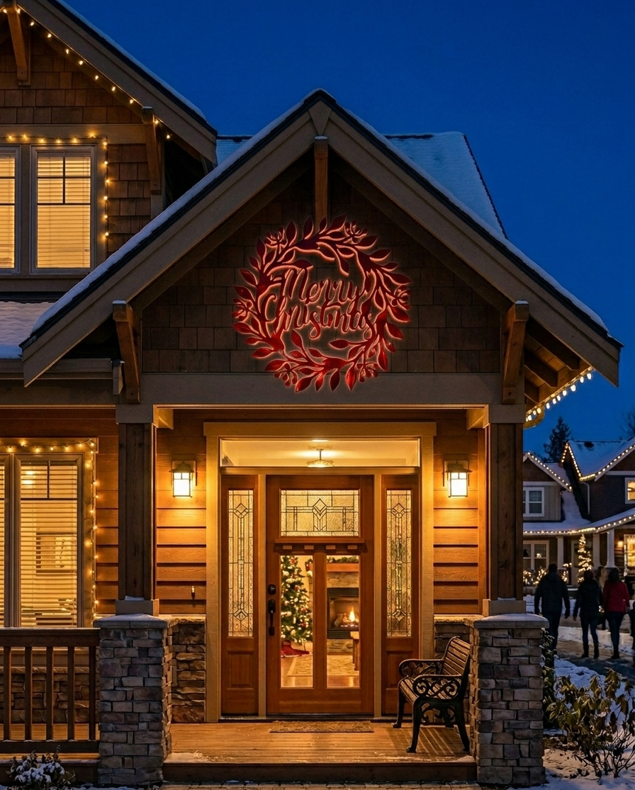Custom CNC-cut metal Christmas wreath wall decor displayed on a home exterior, perfect for professional holiday and seasonal event decorating.