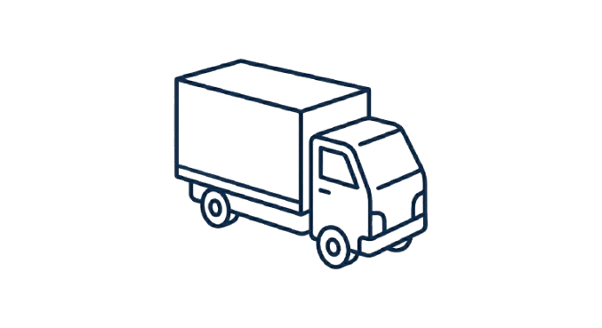Blue line drawing of a delivery truck facing right.
