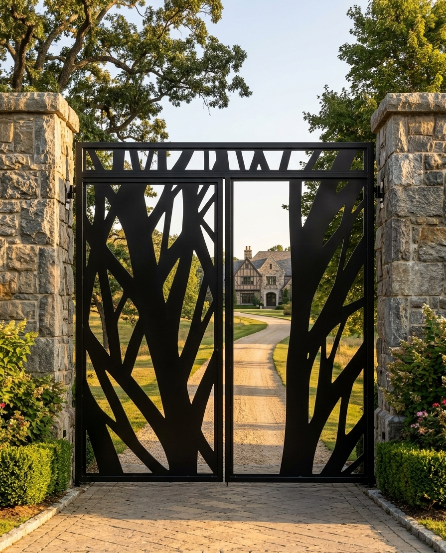 Custom CNC-cut metal driveway gate featuring a modern tree branch design, professionally installed at a residential property entrance.