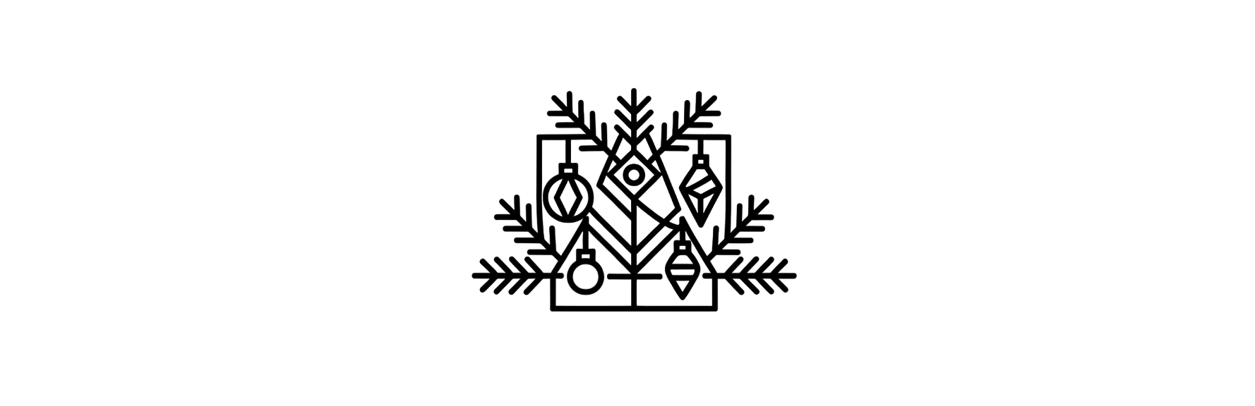 Black Christmas-themed illustration with holly leaves, mistletoe, snowflakes, Christmas ornaments, and a central gift box, all outlined in black on a white background.