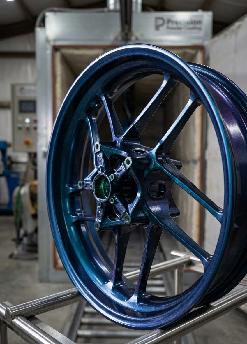 Motorcycle wheel featuring a custom iridescent, high-gloss industrial powder-coated finish, showcasing premium metal coating and fabrication services.