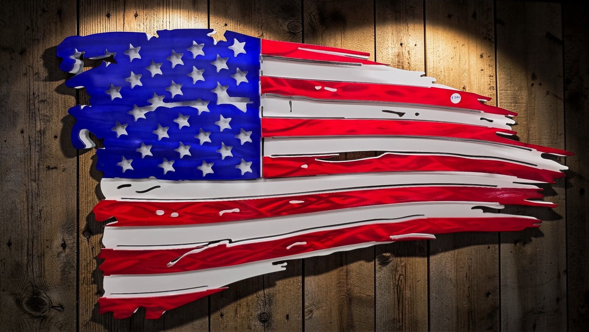 Custom CNC-cut metal American flag wall decor with a distressed, powder-coated finish.