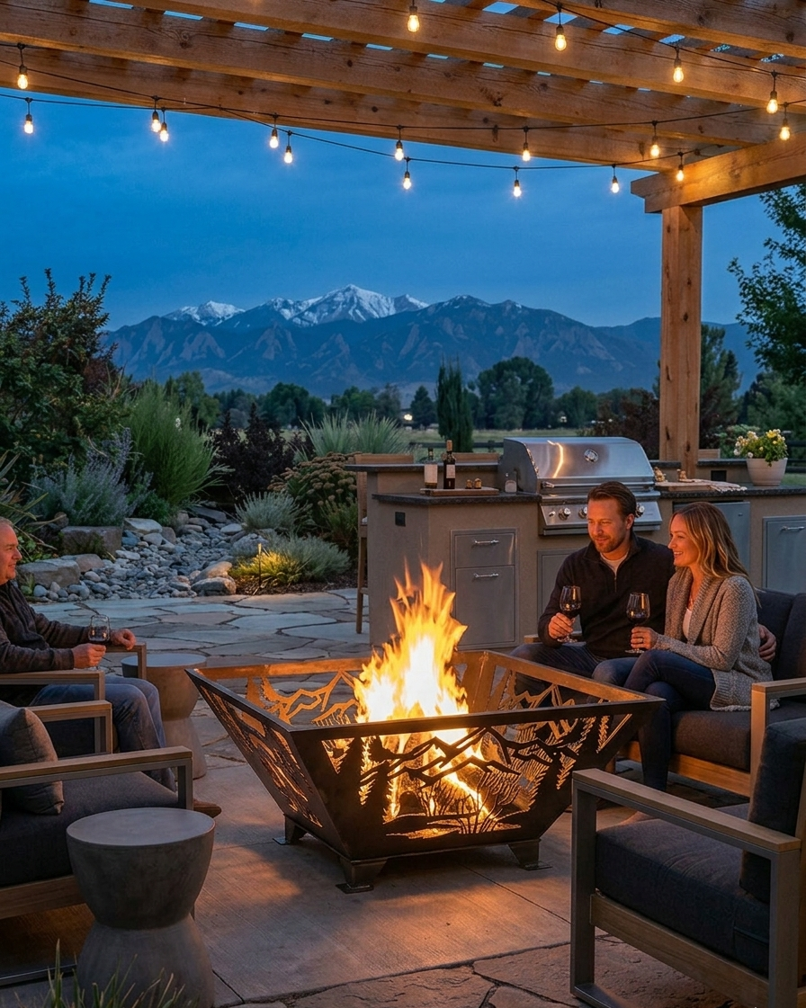 Custom CNC-cut metal fire pit with a mountain landscape design, featured as a centerpiece for outdoor patio and backyard living spaces.