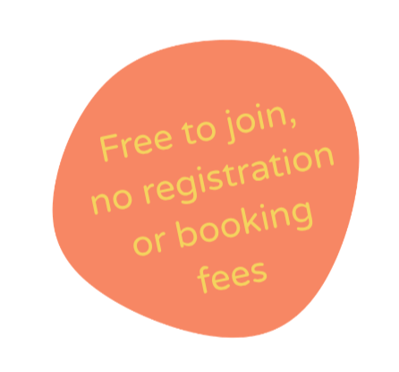 Orange speech bubble with yellow text saying "Free to join, no registration or booking fees."