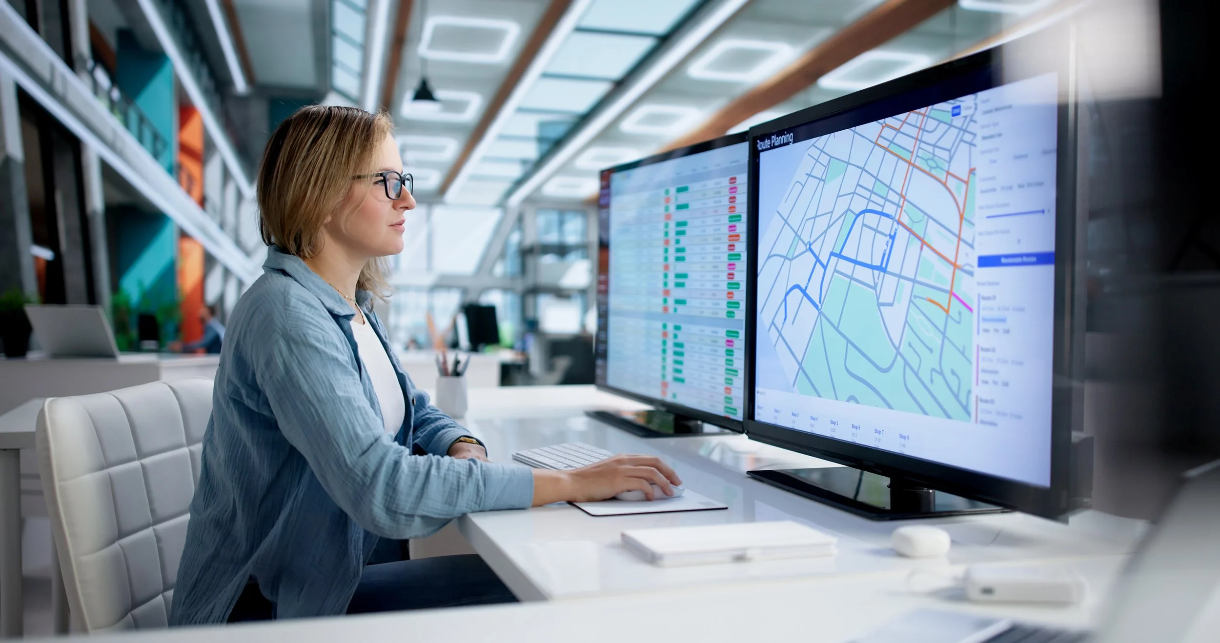 A woman with glasses working at a desk with dual monitors displaying a map and route planning interface in a modern office.