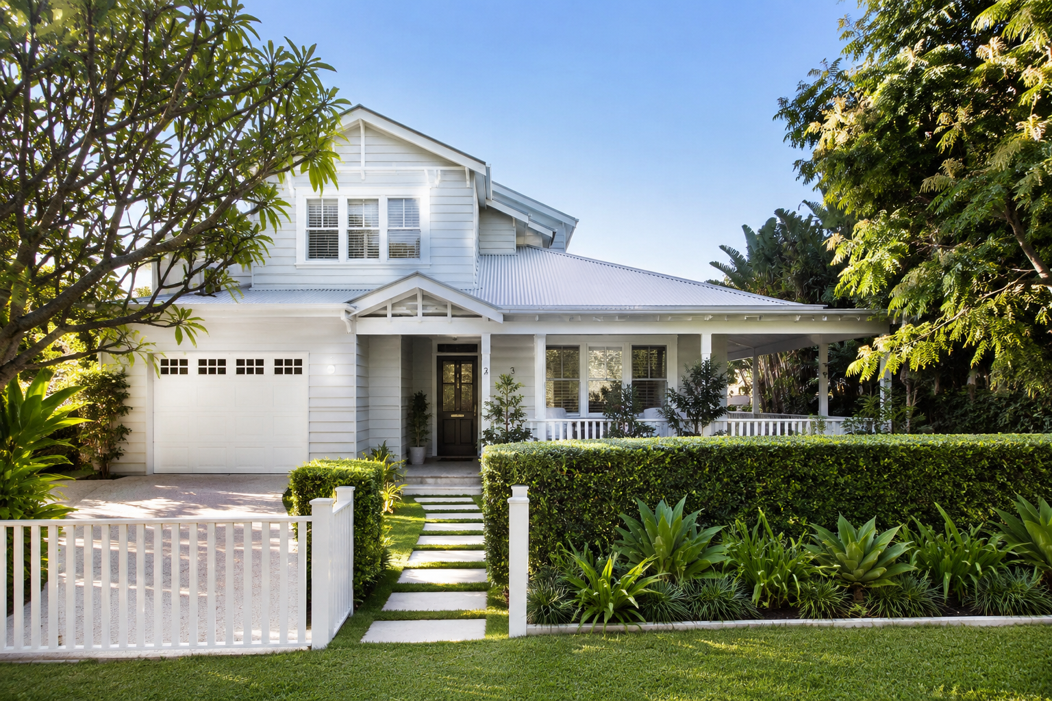 A white two-story house with a front porch, black front door, and a two-car garage. The house is surrounded by lush greenery, including a neatly trimmed hedge, bushes, and tall trees. There is a white picket fence opening onto a stone pathway leading to the front steps.