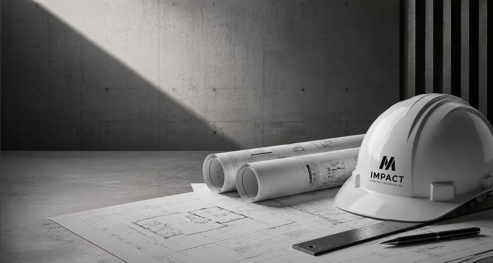 Construction blueprints, rolled and unrolled, on a table next to a white construction helmet with the logo 'Impact Construction Group Inc.' and a black pen and ruler.