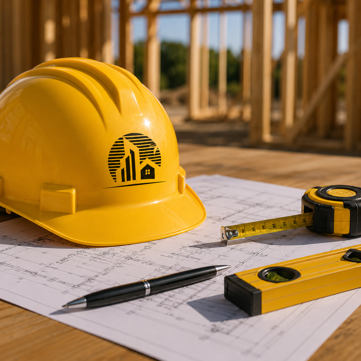 A yellow construction helmet with a logo, a measuring tape, a level, a pen, and construction blueprints on a wooden table, with a building under construction in the background.
