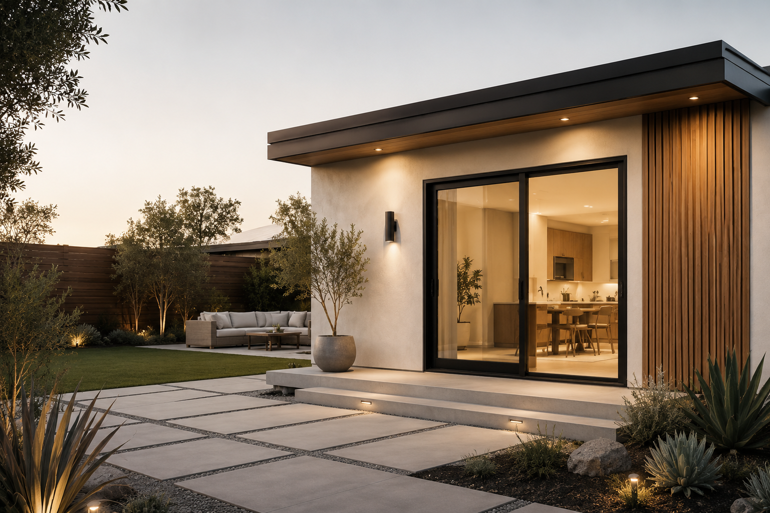 Modern house exterior at dusk with sliding glass door, outdoor seating area, potted trees, landscaped yard, and garden lighting.