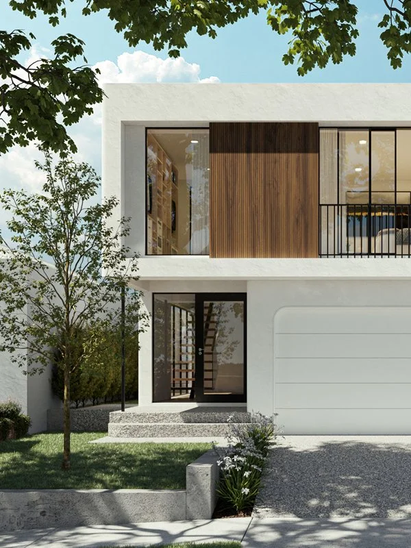 Modern two-story house with a white exterior, large windows, a wooden accent wall, and a balcony with black railing, surrounded by greenery and a clear blue sky.