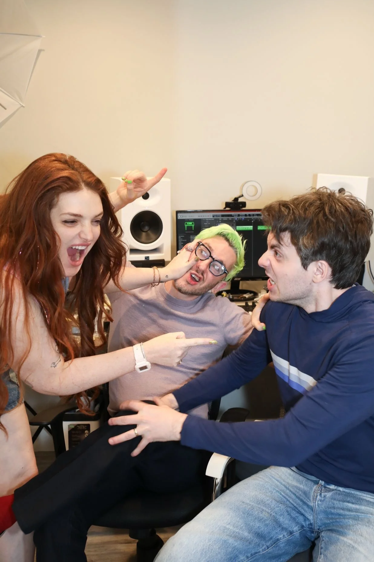 Writer Jenny Jaffe and composers Sam Haft and Andrew Underberg comically arguing with each other