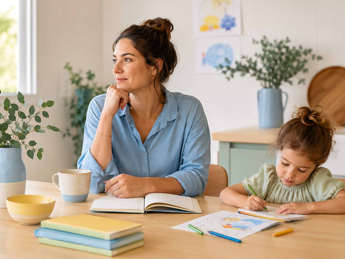 A woman with dark hair in a bun and a light blue shirt sits at a wooden table, resting her chin on her hand, with a thoughtful expression. A young girl with curly hair in a light green shirt is coloring at the table. There are books, a mug, a bowl, and a vase with greenery on the table. In the background, there are plants and children's drawings on the wall.