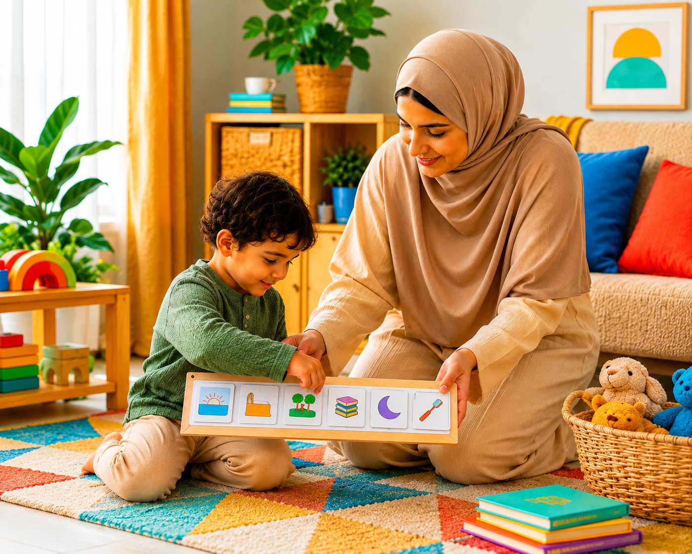 Parent and child using picture cards and simple materials for early learning at home.