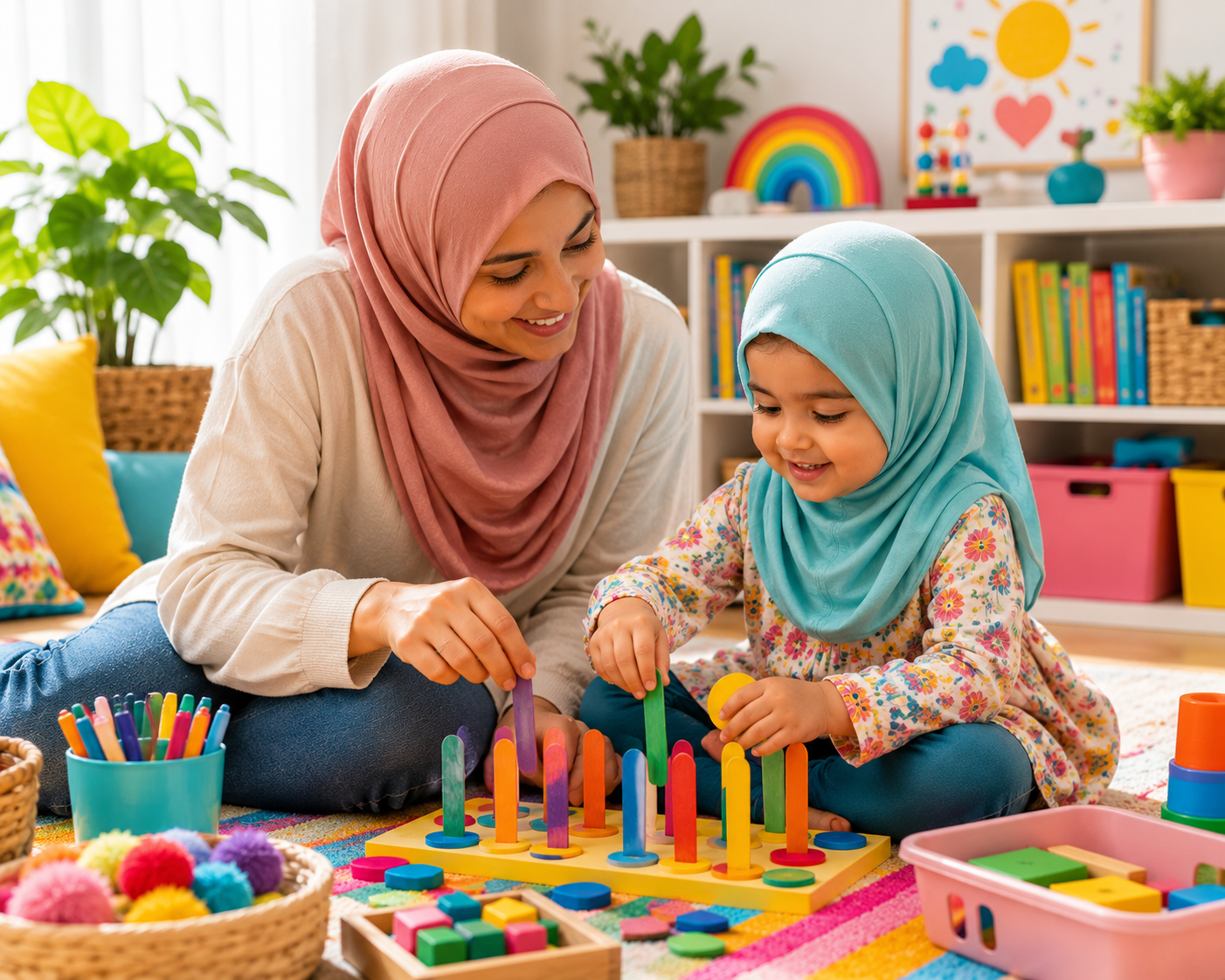 Parent and child using simple play materials together during a learning activity at home.