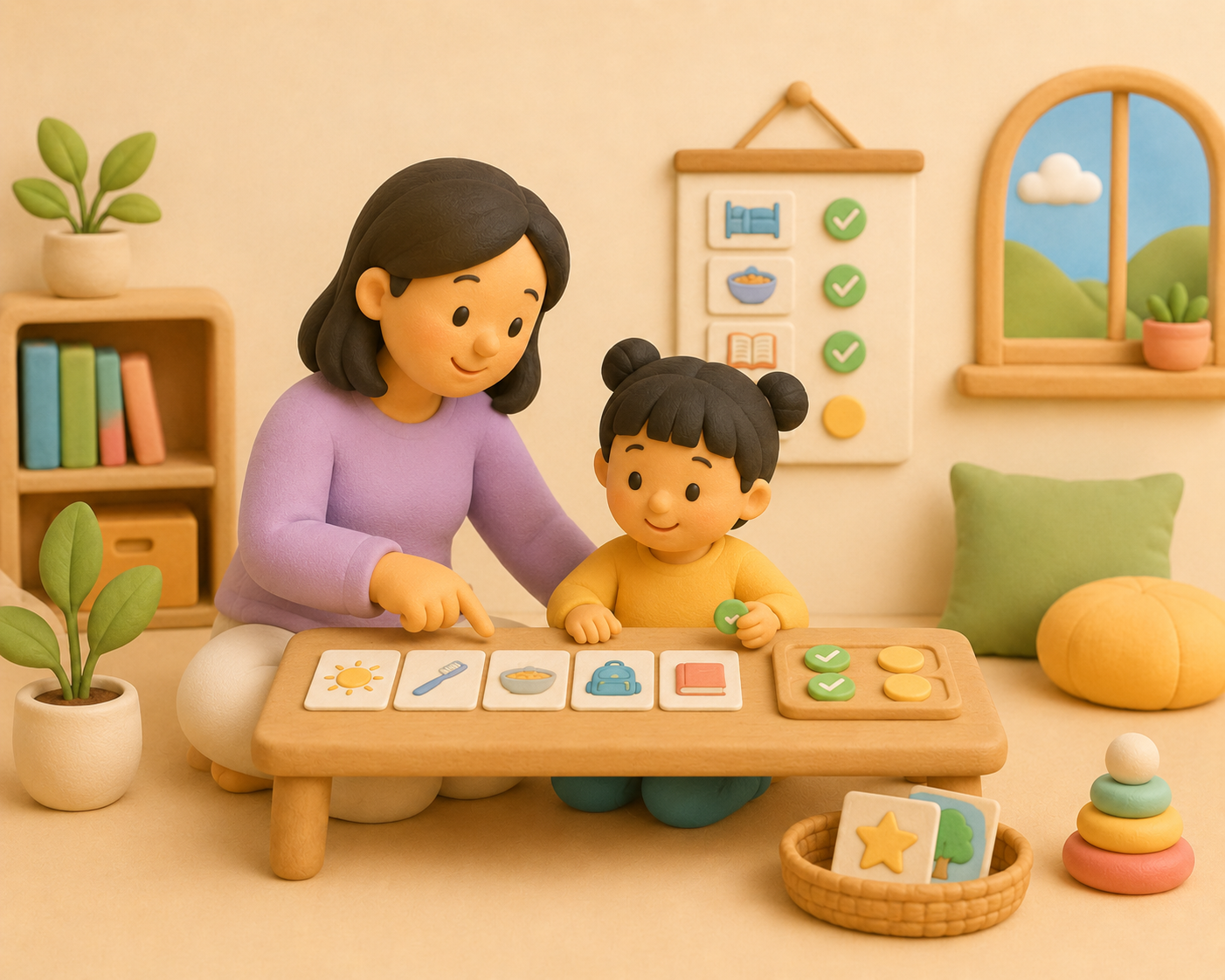 Parent and child using simple picture cards together at a table.
