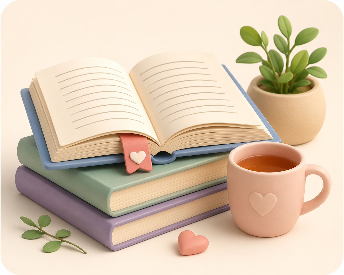Open journal, stacked books, plant and cup representing a reassuring article to read.