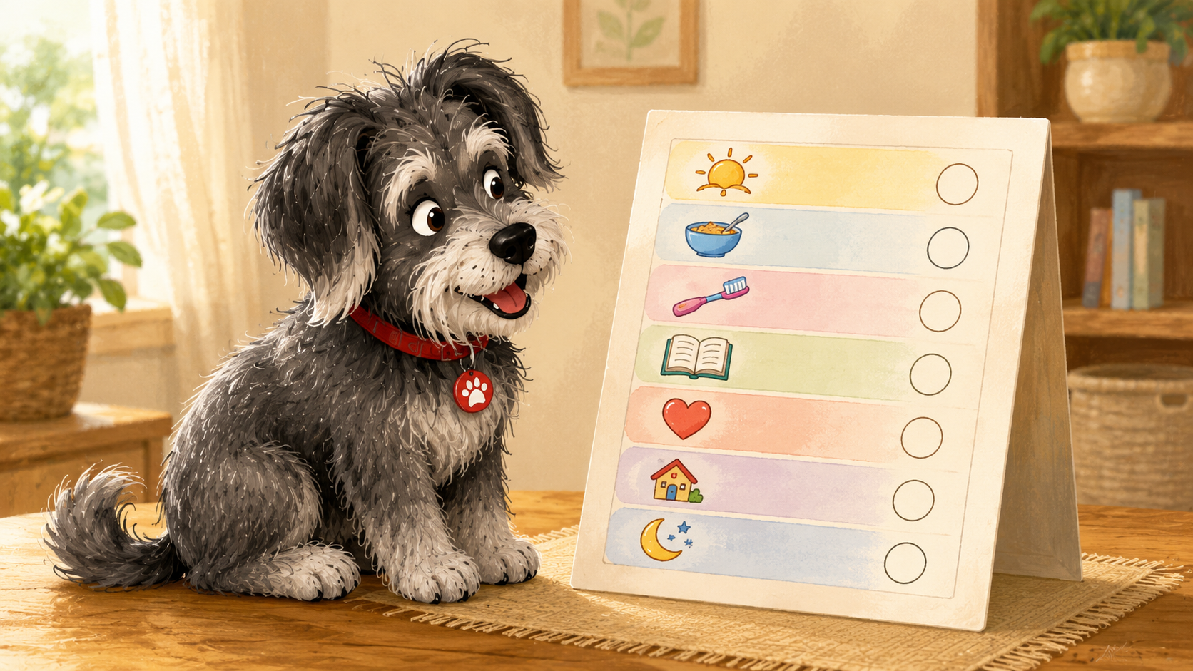 Indi sitting beside a family routine checklist with simple pictures for daily rhythms.