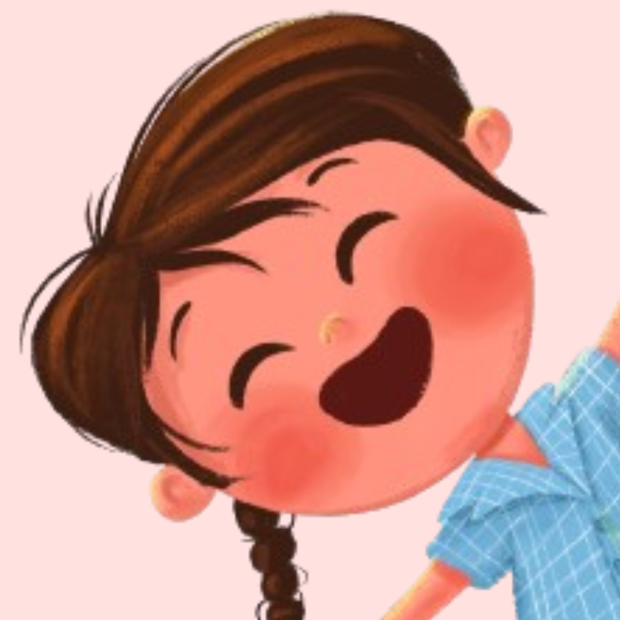 Close-up of a illustrated character smiling, wearing a blue checkered shirt and having brown hair styled with braids, on a light pink background.