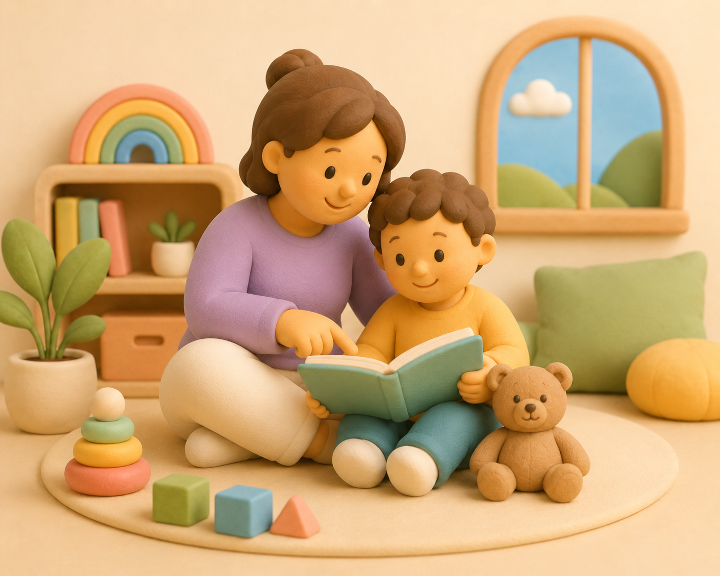 Parent reading with a young child in a calm family room.