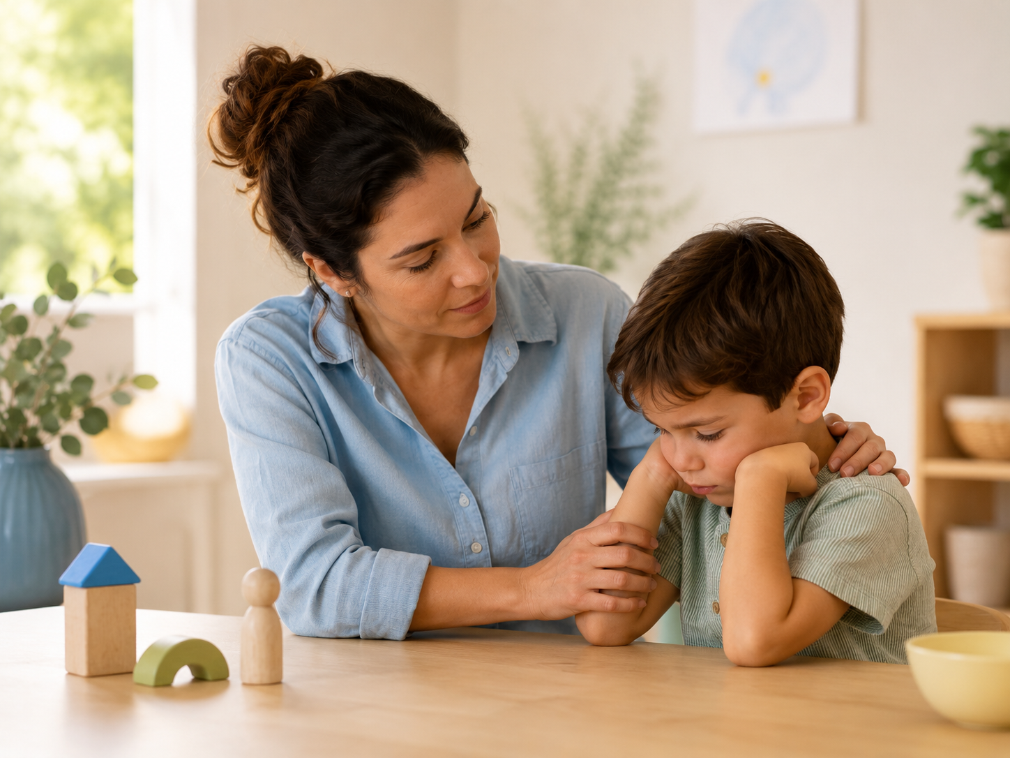 Parent sitting thoughtfully beside a child, reflecting on parenting and family life.