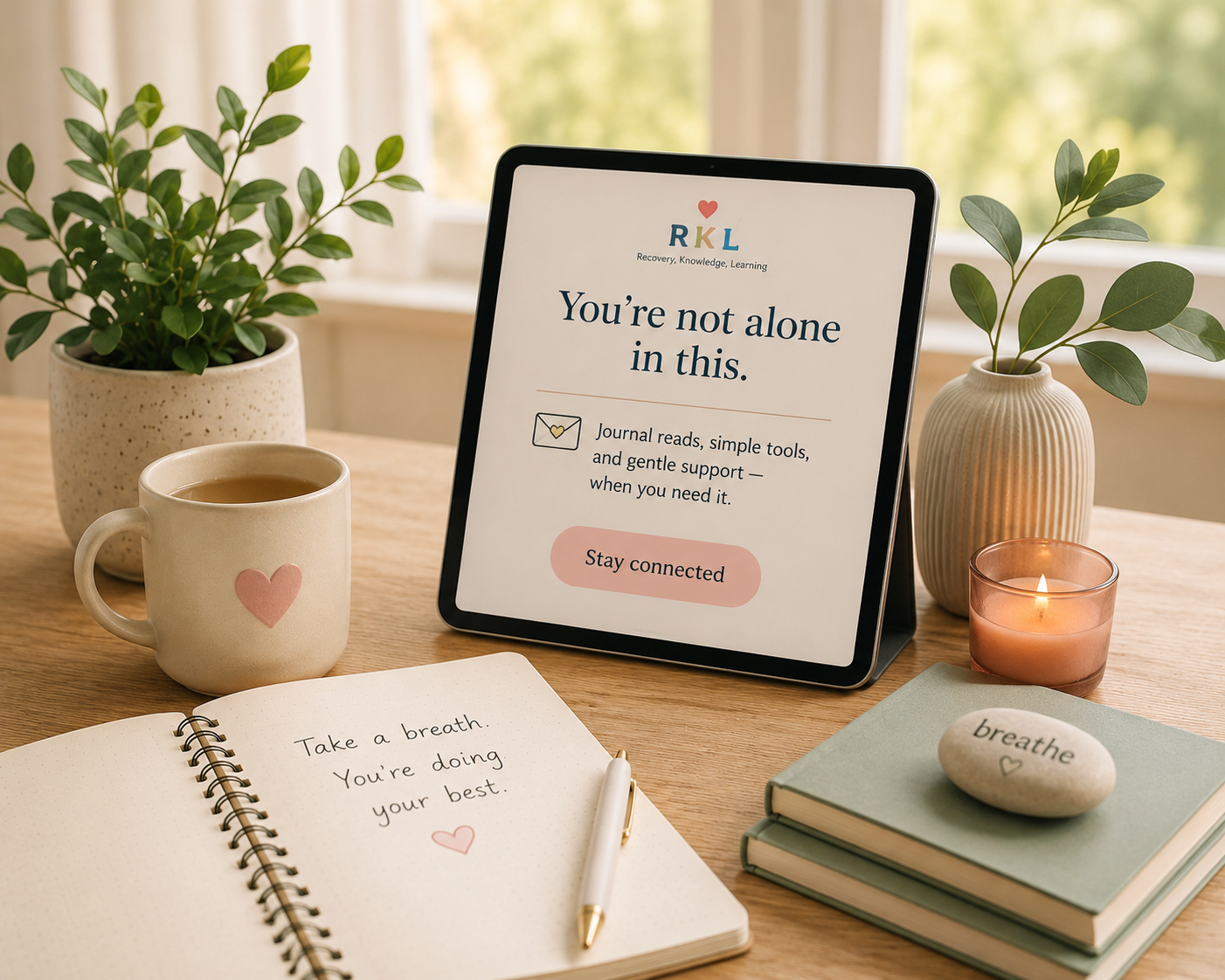Tablet and notebook on a calm desk scene with a gentle message about staying connected.