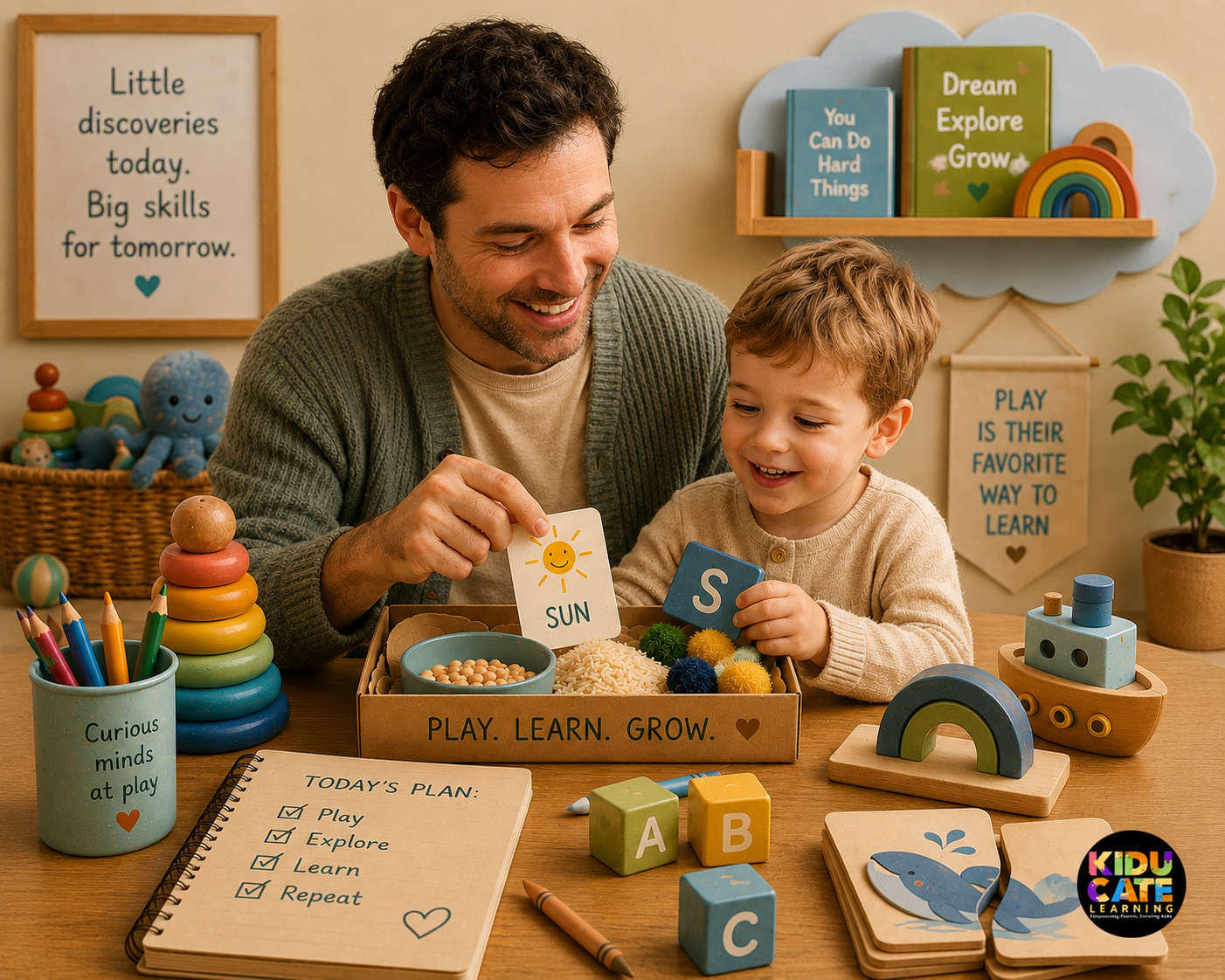 Parent and child playing with simple learning materials at home.