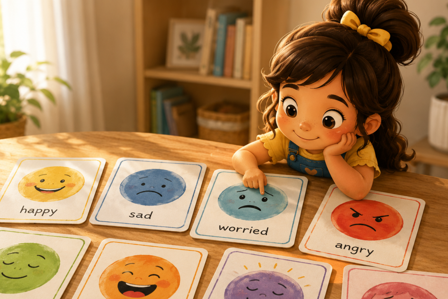 Bella beside emotion cards showing simple ways to help children name big feelings.