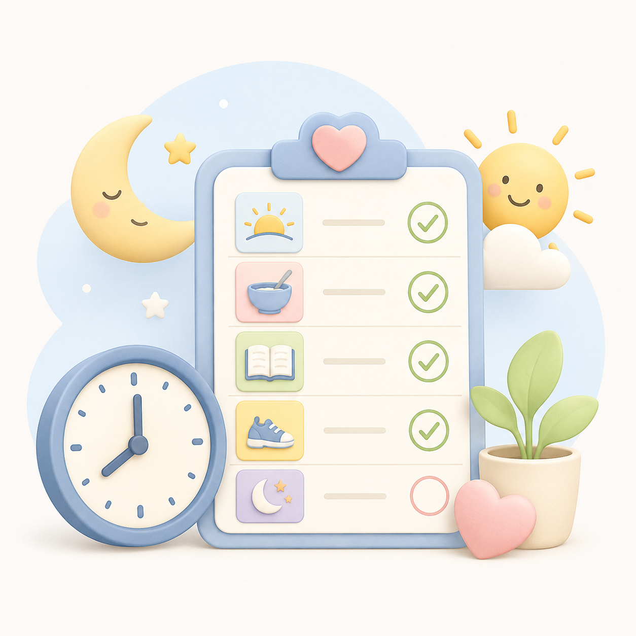 Routine checklist with clock, sun and moon symbols for family rhythm tools.