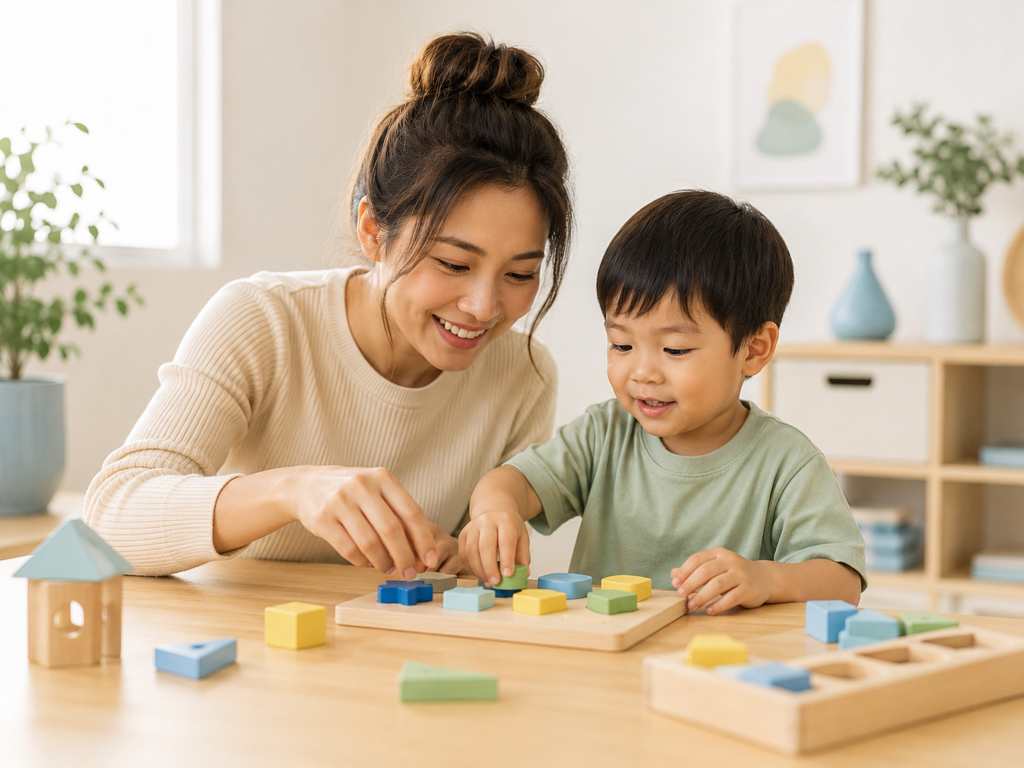 Parent and child playing together with simple learning materials at home.