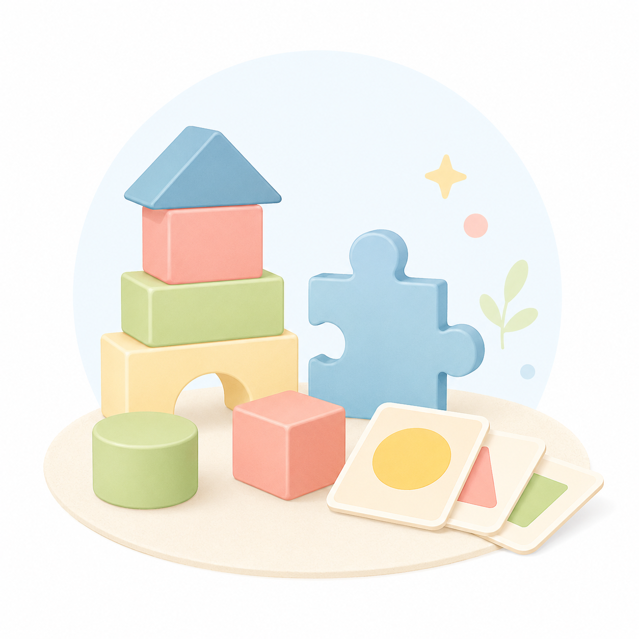 Blocks, puzzle pieces and shapes representing simple early learning support.