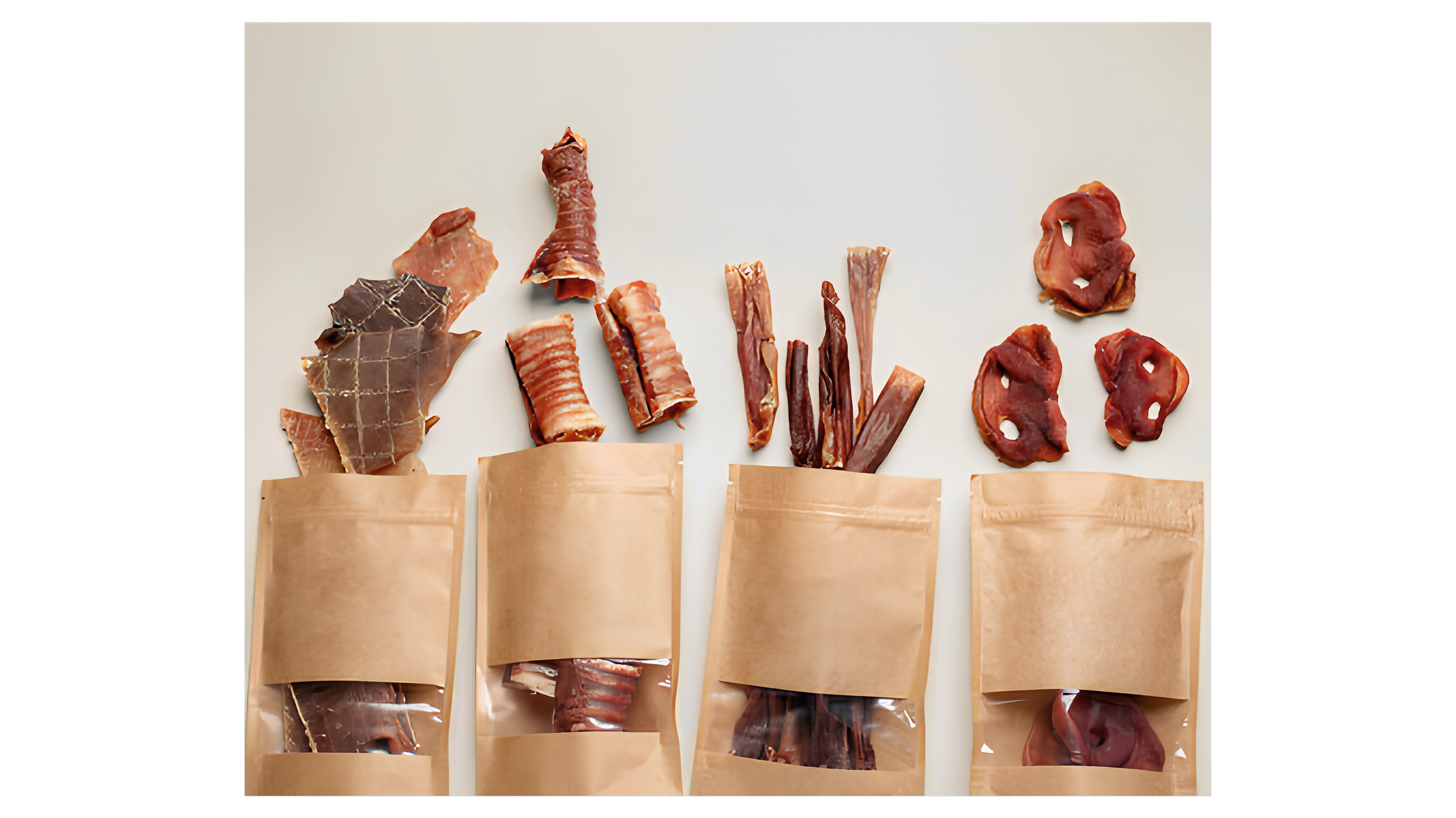 Assorted types of dried meat and jerky in paper bags, arranged in a row on a white background.
