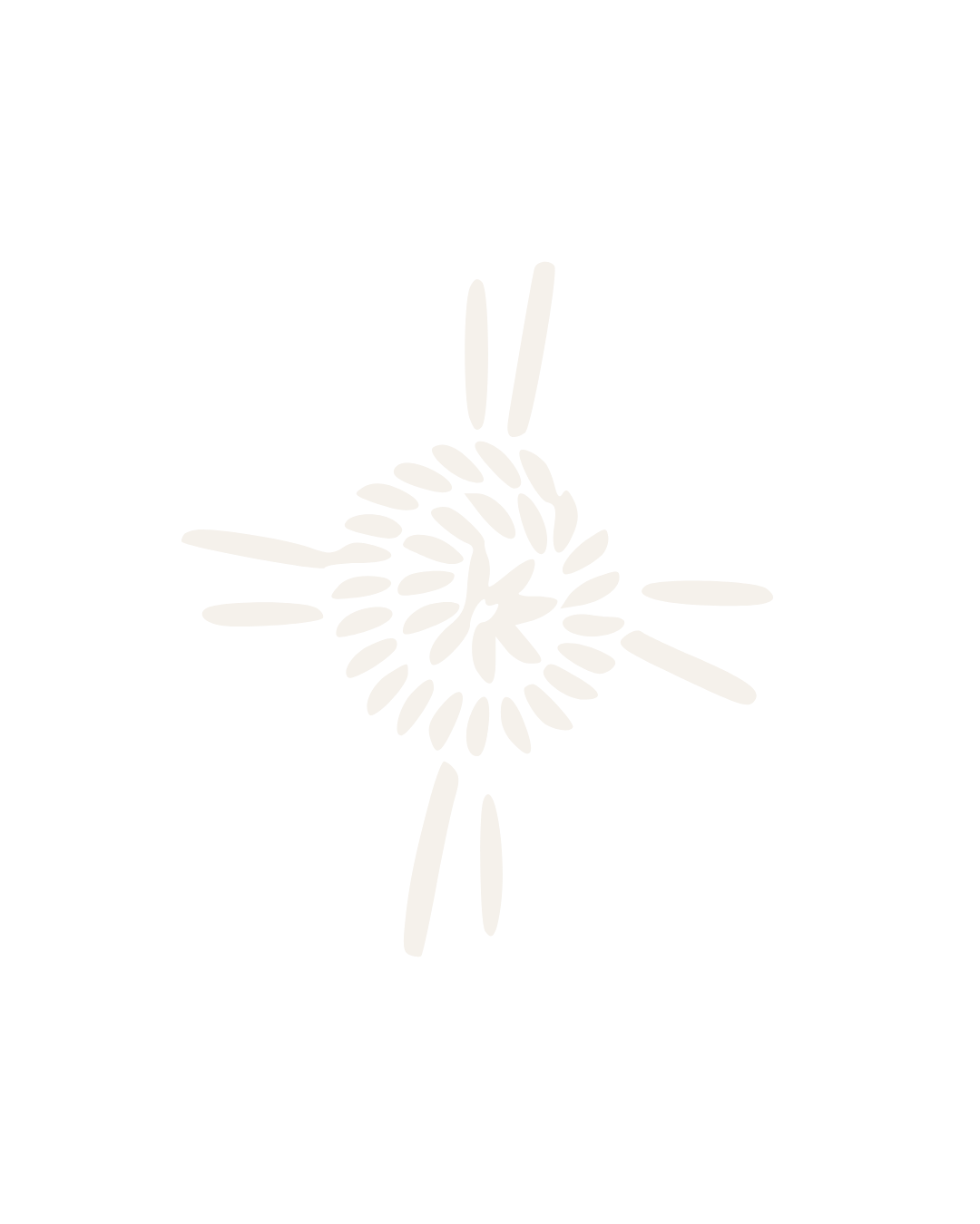 Black background with a white stylized flower or star-shaped design composed of elongated oval shapes arranged in a spiral pattern with radiating lines.