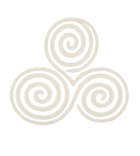 Three interlocked white spiral designs on a black background.