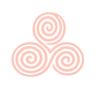 A symbol made of three interconnected pink spirals forming a triangular shape against a black background.