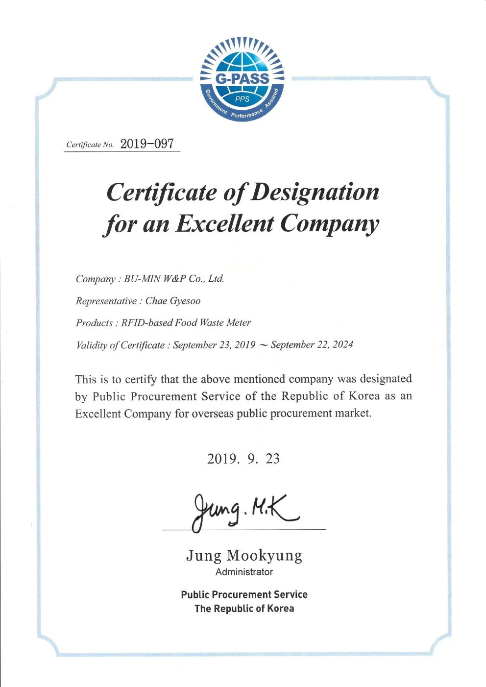 Certificate of Designation awarded to BU-MIN W&P Co., Ltd. for an RFID-based Food Waste Meter, valid from September 23, 2019, to September 22, 2024, signed by Jung M. K.