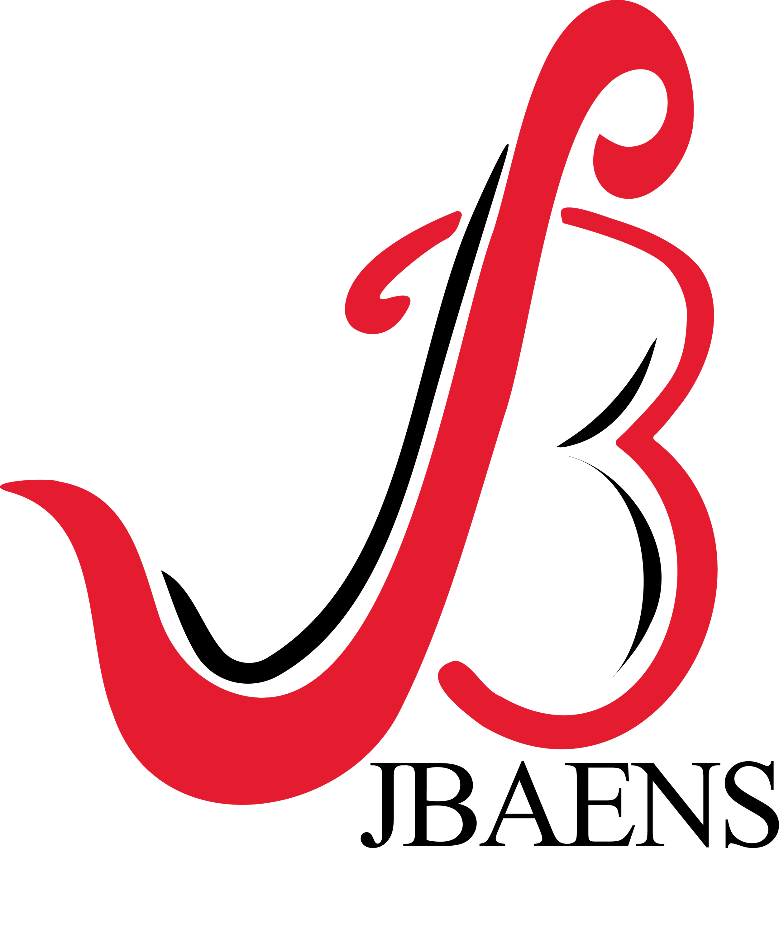Logo of JBaens Corp with a red stylized musical note with black shadows.