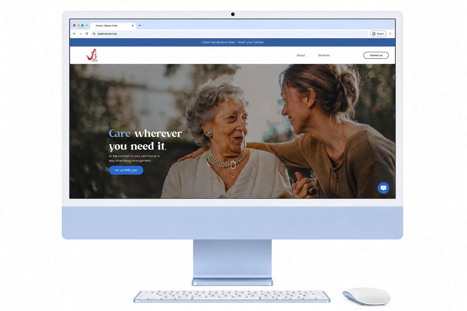 A desktop computer displaying a website for a caregiving service, featuring a photo of an elderly woman and a caregiver smiling and interacting outdoors.
