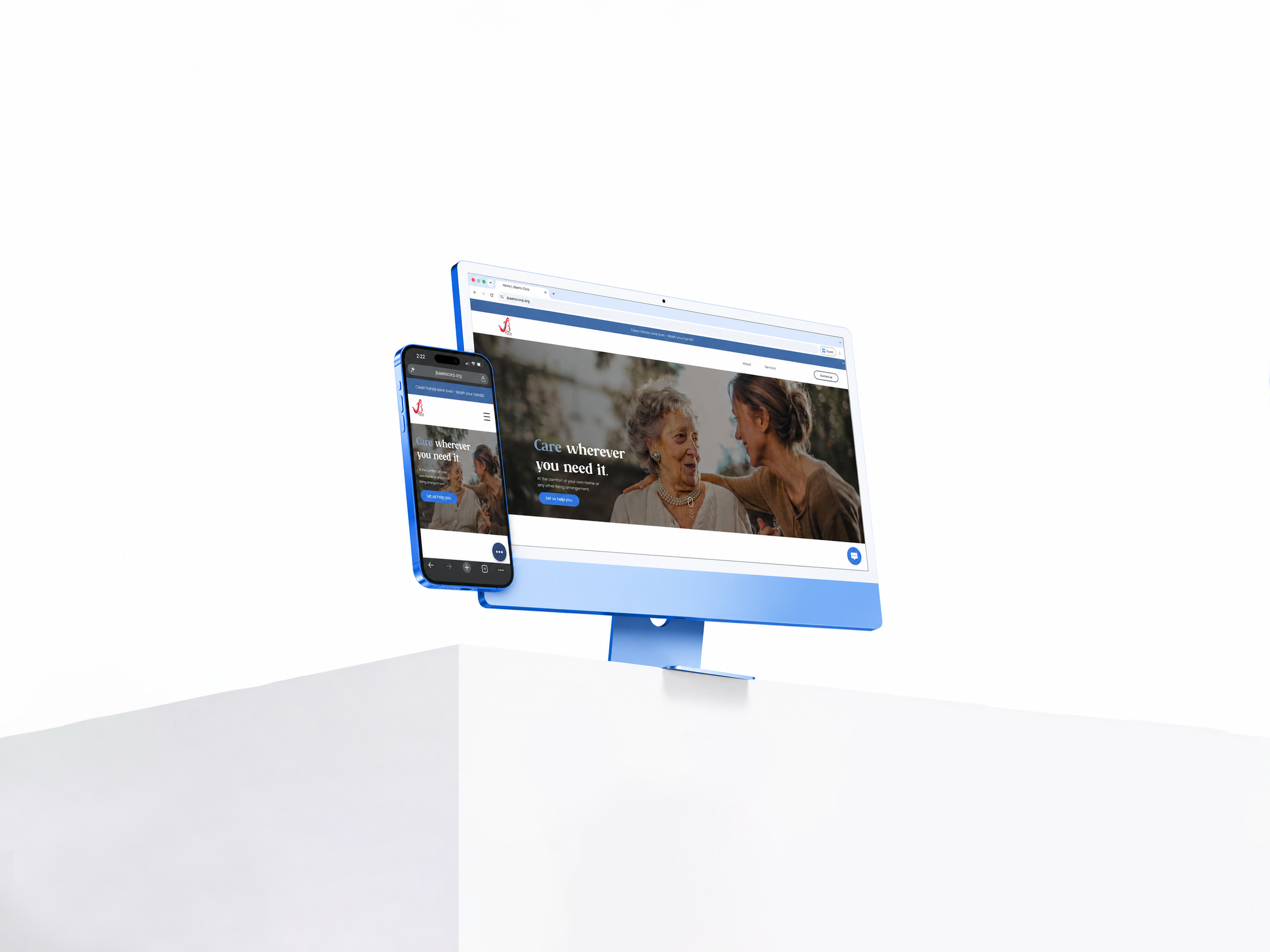 A computer monitor and smartphone displaying a healthcare website with a photo of two women, one elderly and one middle-aged, smiling and interacting.