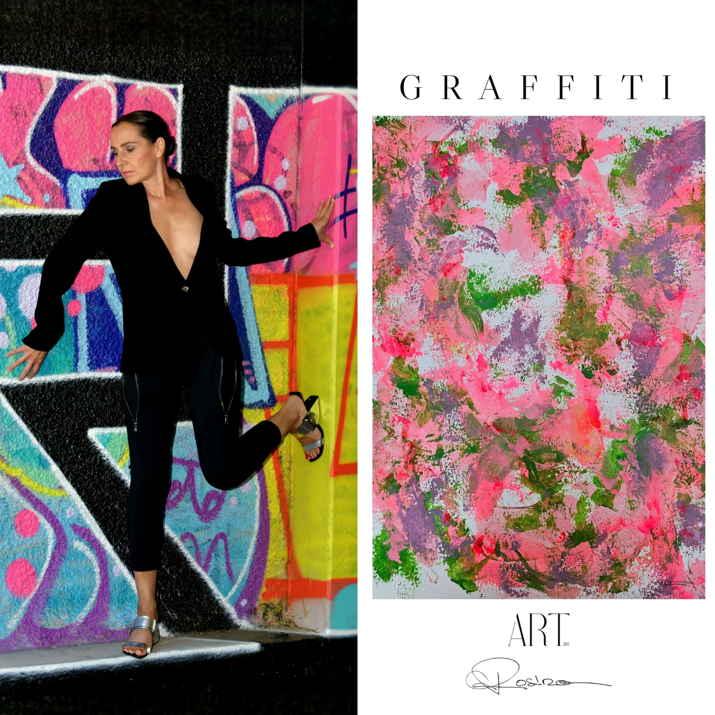 Une femme pose devant une œuvre d'art graffitis colorés. L'image est divisée avec une moitié montrant la femme en noir avec des détails de graffiti derrière elle, et l'autre moitié montrant uniquement le graffiti avec les mots "GRAFFITI ART".